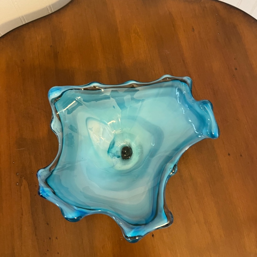 Vintage murano style art glass bowl, opalescent blue color - Picture 6 of 9